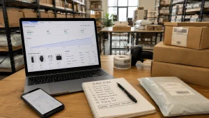 Facebook Ads for Dropshipping scaling dashboard with warehouse packing workflow