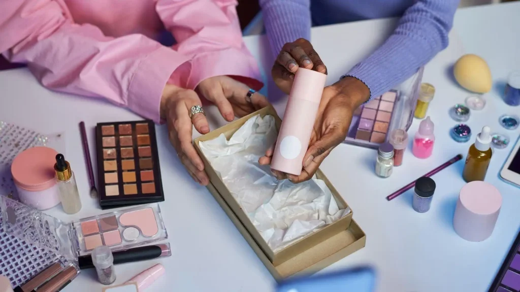 Reviewing makeup product samples before choosing dropshipping products