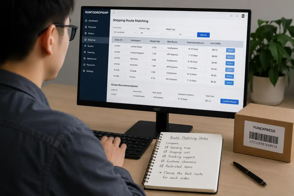 Shipping route matching dashboard comparing 4PX and YunExpress for dropshipping orders