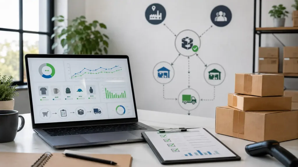 Shopify dropshipping inventory dashboard with supplier stock checks, order routing, and fulfillment boxes