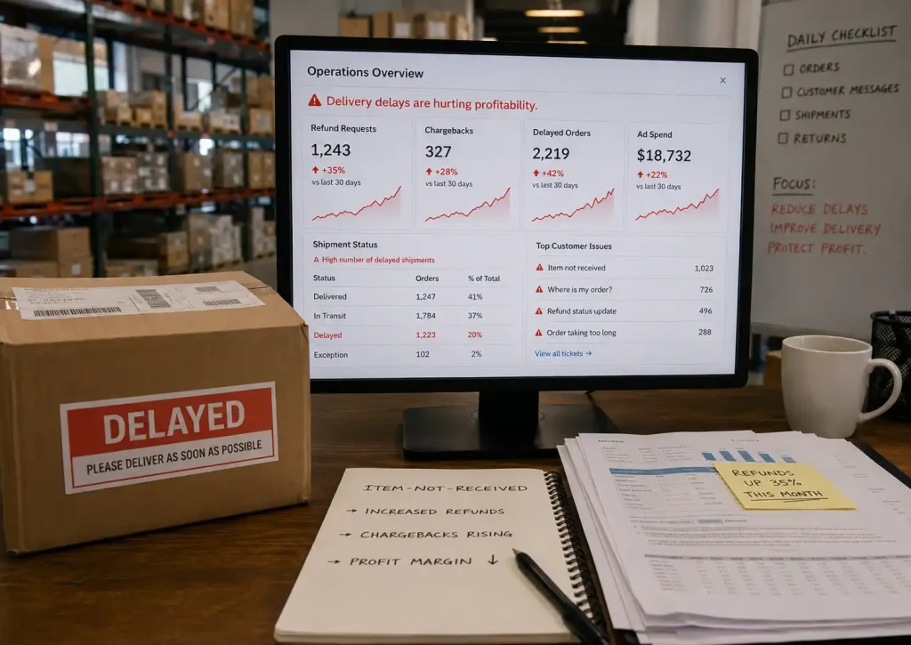 Ecommerce operations dashboard showing delayed orders, refund requests, chargebacks, and rising ad spend