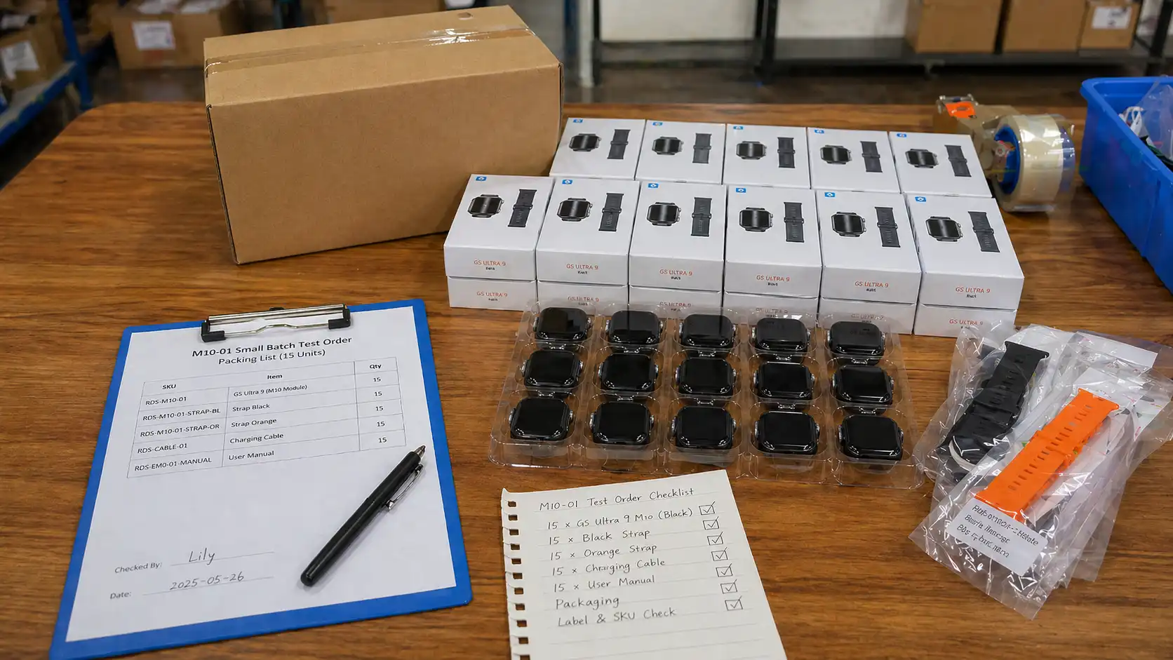 Small batch smartwatch test order prepared with packing list, accessories and test checklist