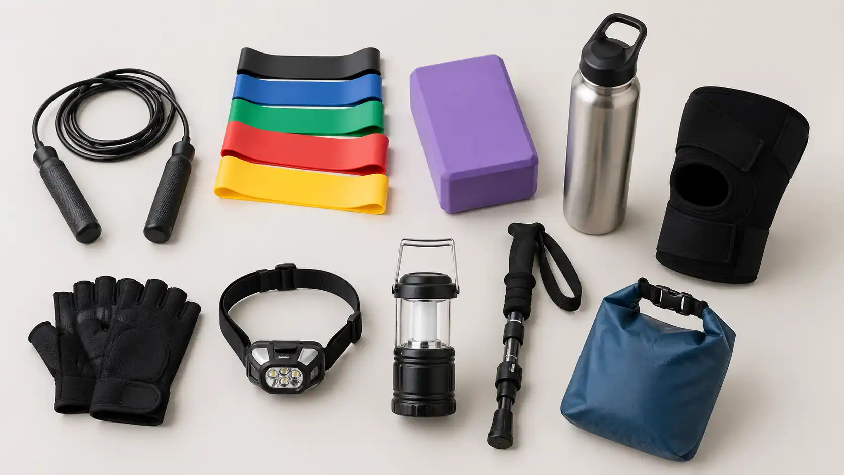 Sports and outdoor products including jump rope, resistance bands, yoga block, water bottle, knee brace, gloves, headlamp, lantern, trekking pole and dry bag