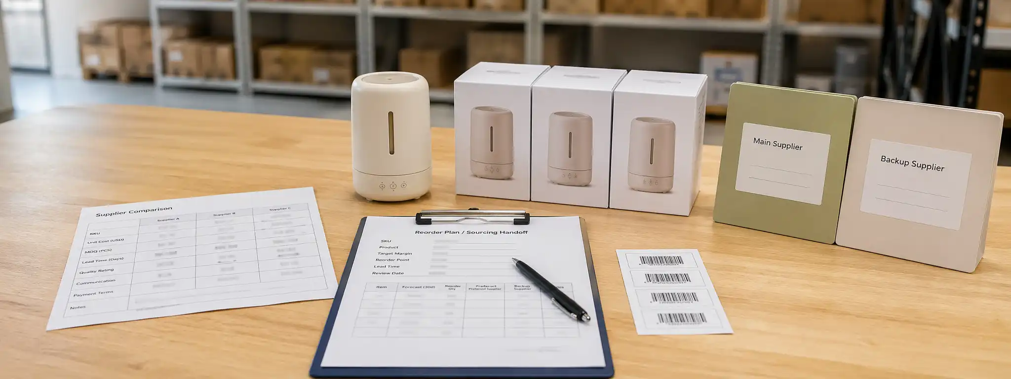 Approved product sample with supplier comparison, main supplier, backup supplier and sourcing handoff documents