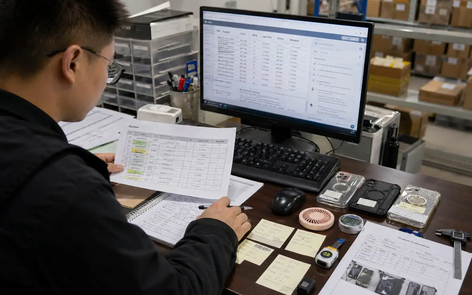 Chinese private dropshipping agent staff reviewing supplier comparison sheets, SKU notes, product samples, and sourcing records before taking over supplier coordination