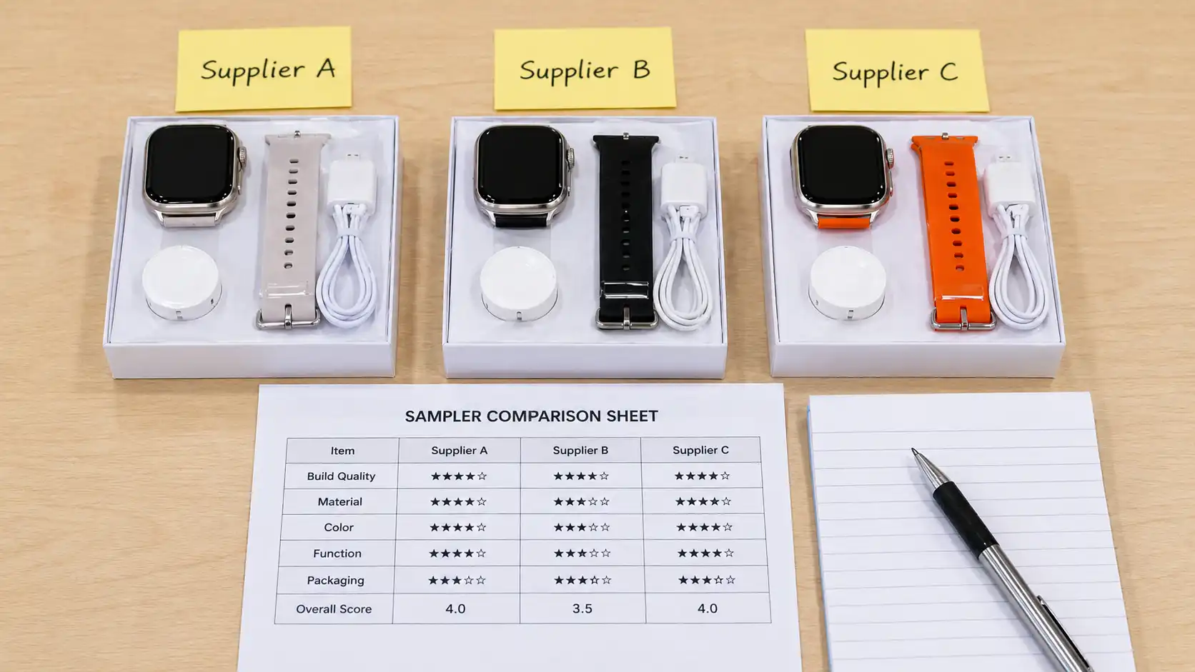Three smartwatch samples from Supplier A, Supplier B and Supplier C compared on a desk