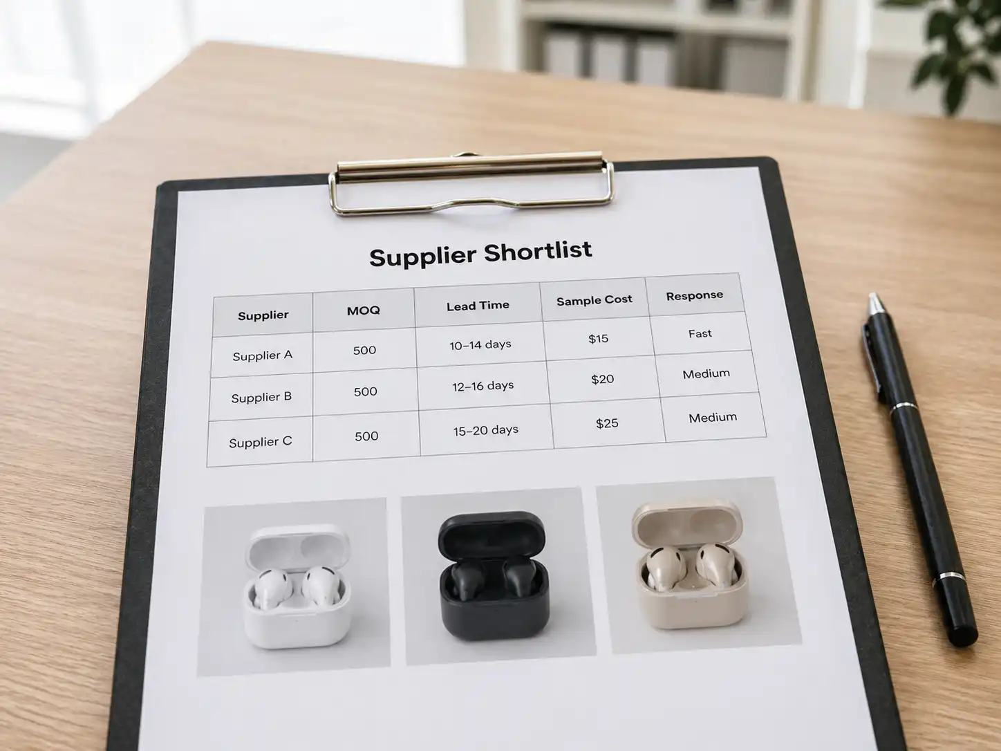 Supplier shortlist sheet comparing MOQ, lead time, sample cost and response speed