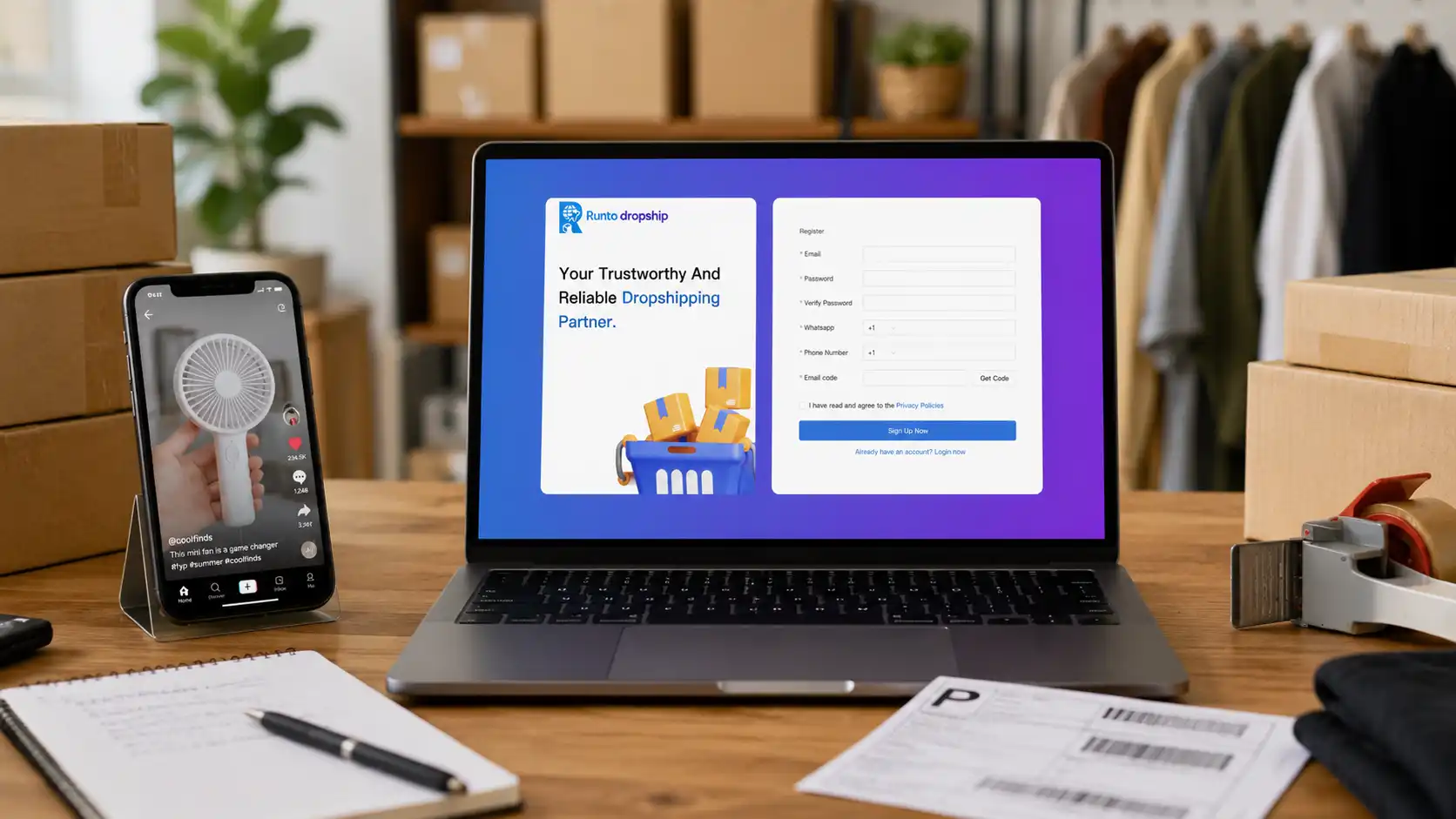TikTok Dropshipping workspace with RuntoDropship registration page, product video, shipping boxes, and order handling tools