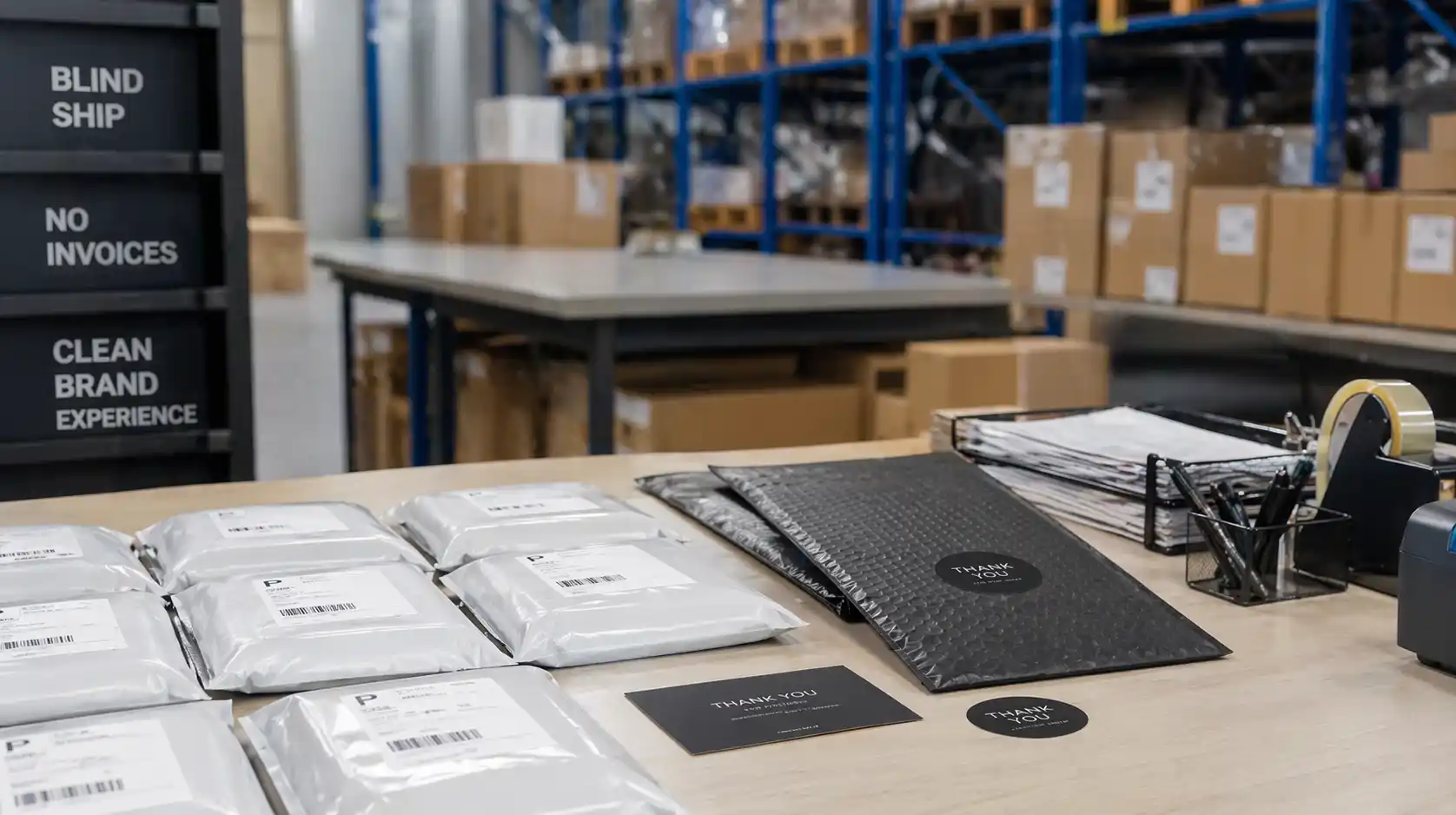 Clean TikTok Shop private label parcels with shipping labels, blind shipping materials, and brand inserts on a warehouse packing table