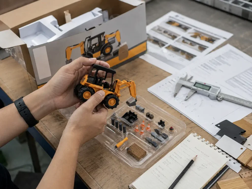 Sourcing specialist inspecting a toy sample, parts, packaging, and dimensions before market approval