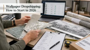 Seller reviewing wallpaper samples, product checklist, and order workflow for wallpaper dropshipping