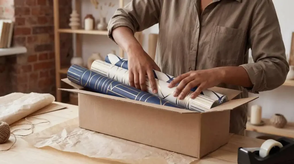 Wallpaper rolls being packed for dropshipping fulfillment