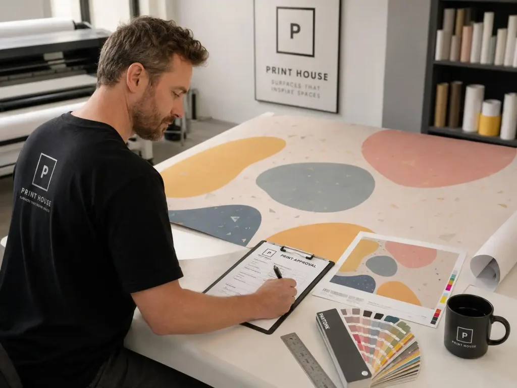Reviewing a full-size wallpaper print proof before production