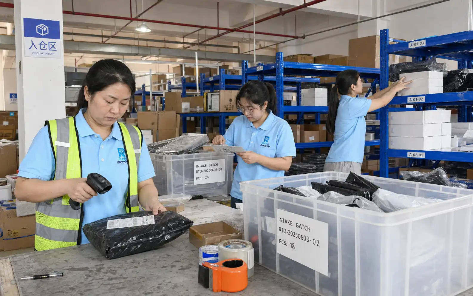 Chinese private dropshipping agent warehouse staff in sky-blue uniforms scanning incoming parcels, checking batch bins, and sorting SKUs onto blue warehouse shelves
