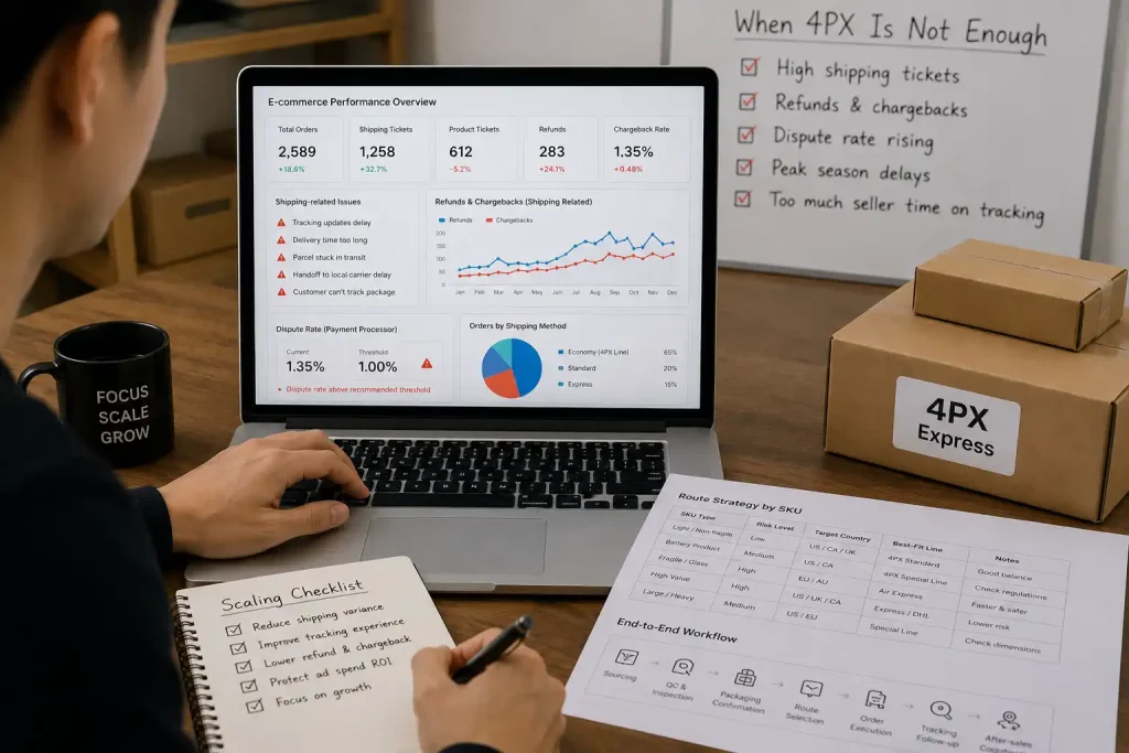 4PX Shipping performance dashboard showing rising shipping tickets, refunds, chargebacks, route strategy by SKU, and seller scaling checklist