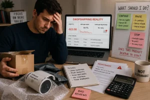 Dropshipping seller reviewing losses, refunds, shipping delays, and supplier problems before stopping a product
