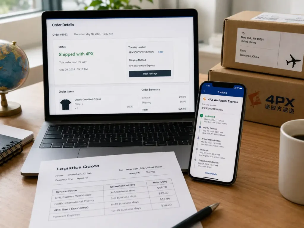 4PX Shipping shown on an ecommerce order page, tracking app, supplier quote, and parcel boxes for cross-border delivery