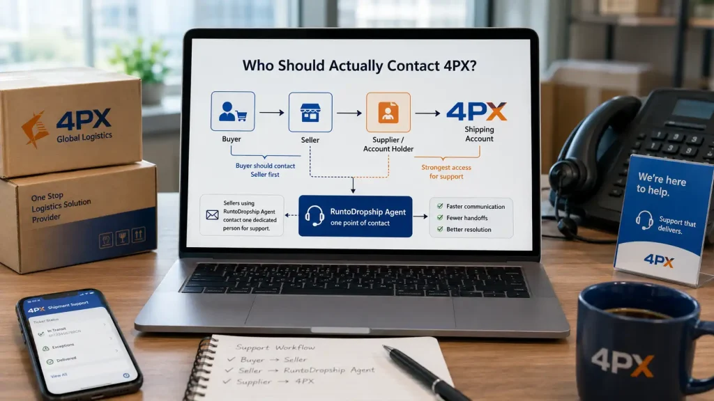 Buyer, seller, supplier, and RuntoDropship agent contact workflow for 4PX shipment support