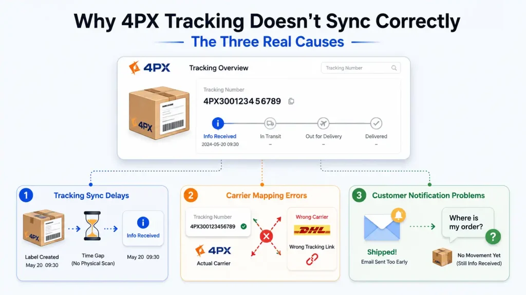 Three causes of 4PX tracking sync problems: delays, carrier mapping errors, and early customer notifications
