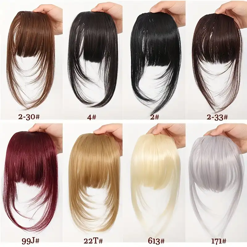 Wig fringe samples showing eight different hair color options