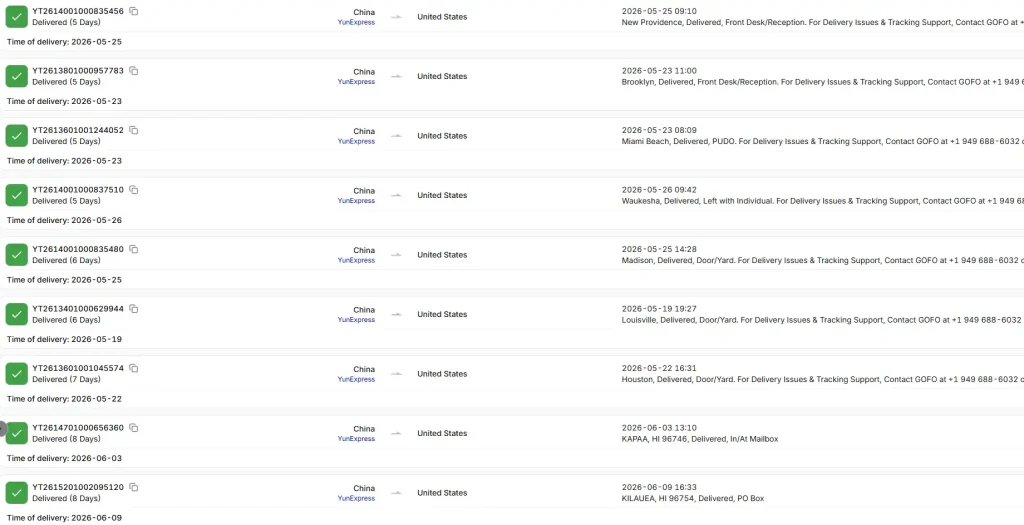 YunExpress tracking examples showing China to United States deliveries in five to eight days