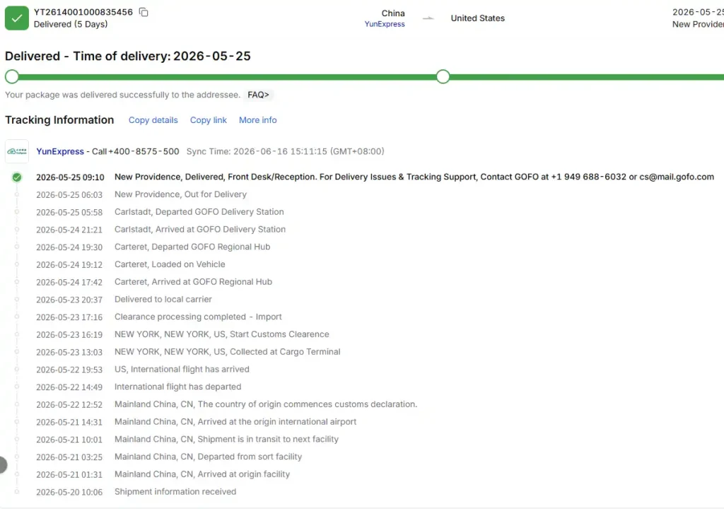 YunExpress tracking timeline showing customs clearance, local carrier handoff, and final delivery