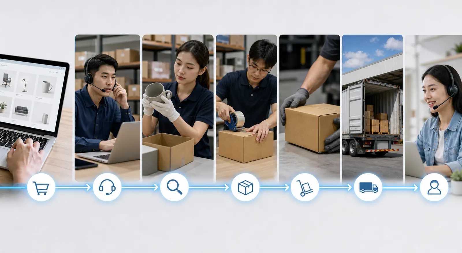A Shopify storefront connected to sourcing product checks packing and shipping steps