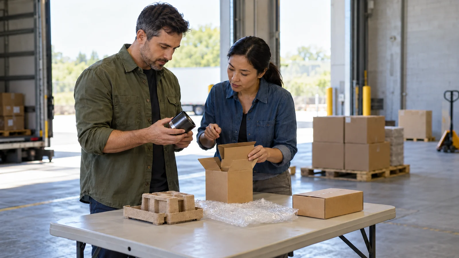 Two sourcing professionals comparing an unbranded sample and protective packaging