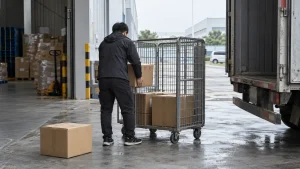 Plain parcels at a China-side carrier handoff