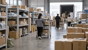 Unbranded parcels staged for outbound handoff in a Chinese fulfillment warehouse