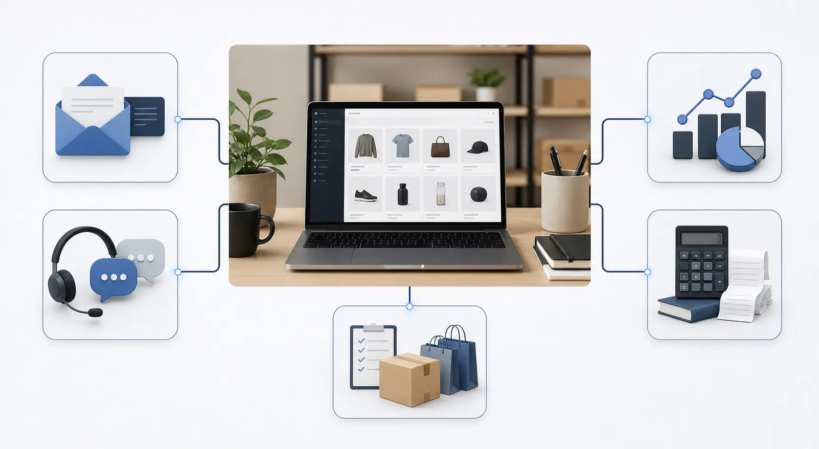 A central commerce workspace connected to email, analytics, support, accounting, and order systems