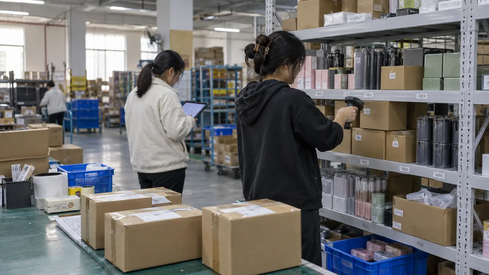 Warehouse team checking inventory and packed parcels before dispatch