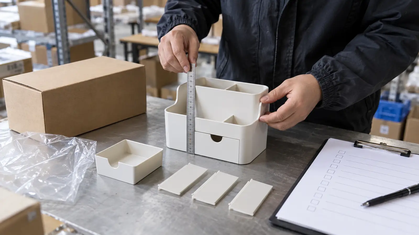 Seller inspecting an unbranded product sample and packaging