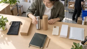 Supplier samples and packaging options on an ecommerce planning desk