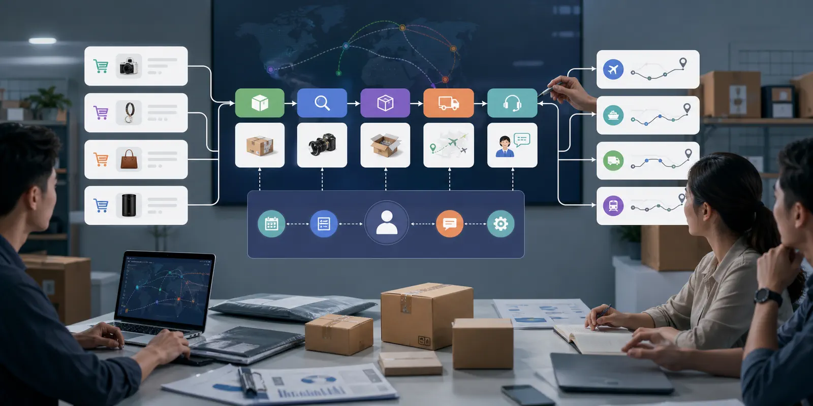 A scaling ecommerce workflow connects order streams to sourcing checking packing and route coordination