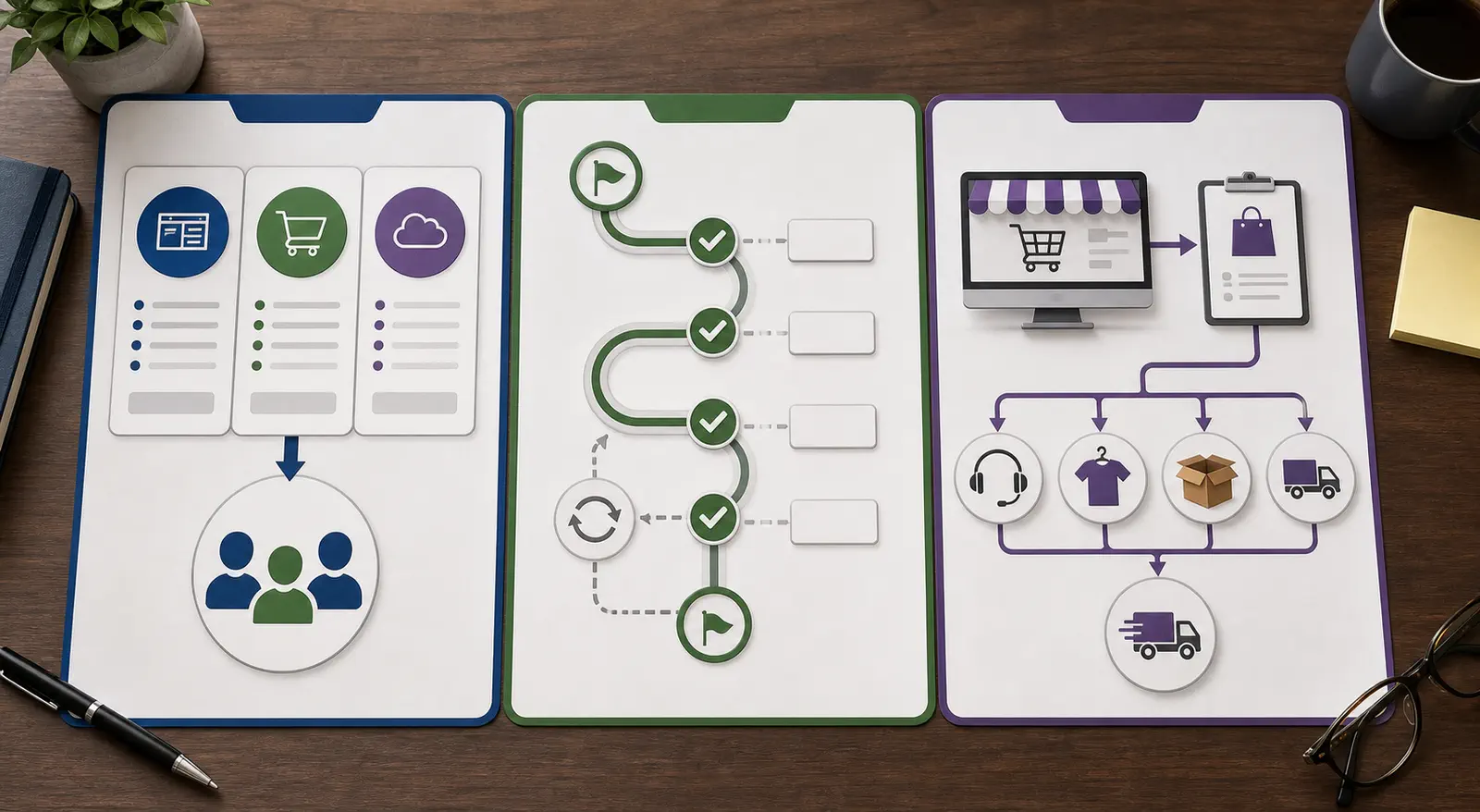 A three-part visual summary of platform fit, migration planning, and backend execution