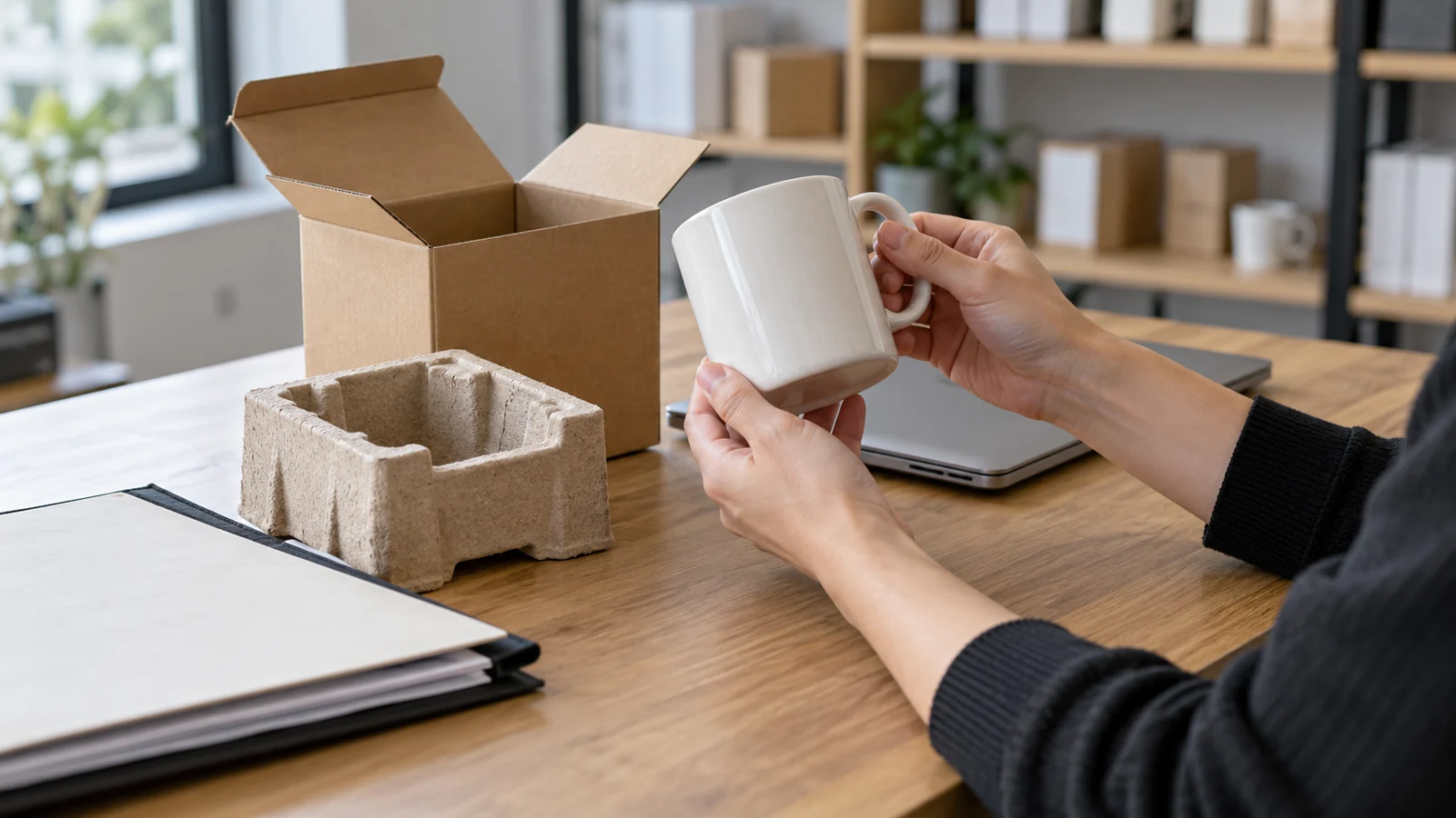 Hands reviewing a mug sample and plain protective packaging