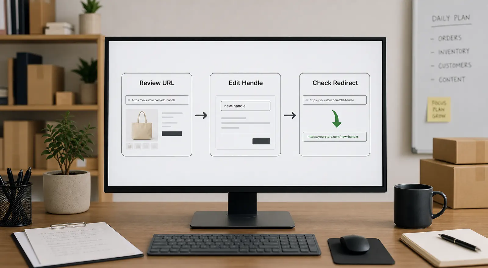 A three-step ecommerce workflow for reviewing a URL, editing a handle, and checking a redirect
