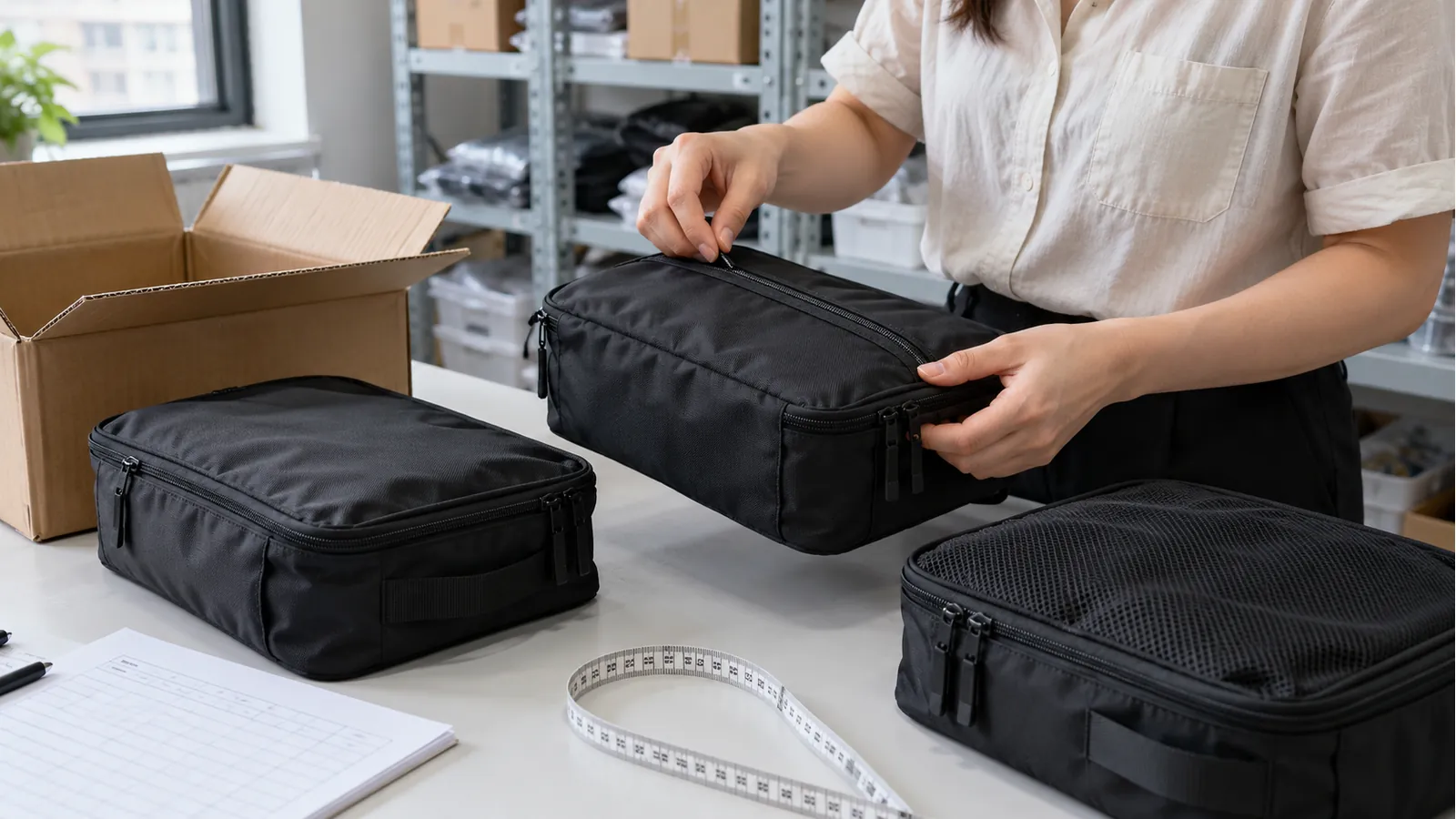 Hands check three black travel-organizer samples beside an open carton, paper record and measuring tape