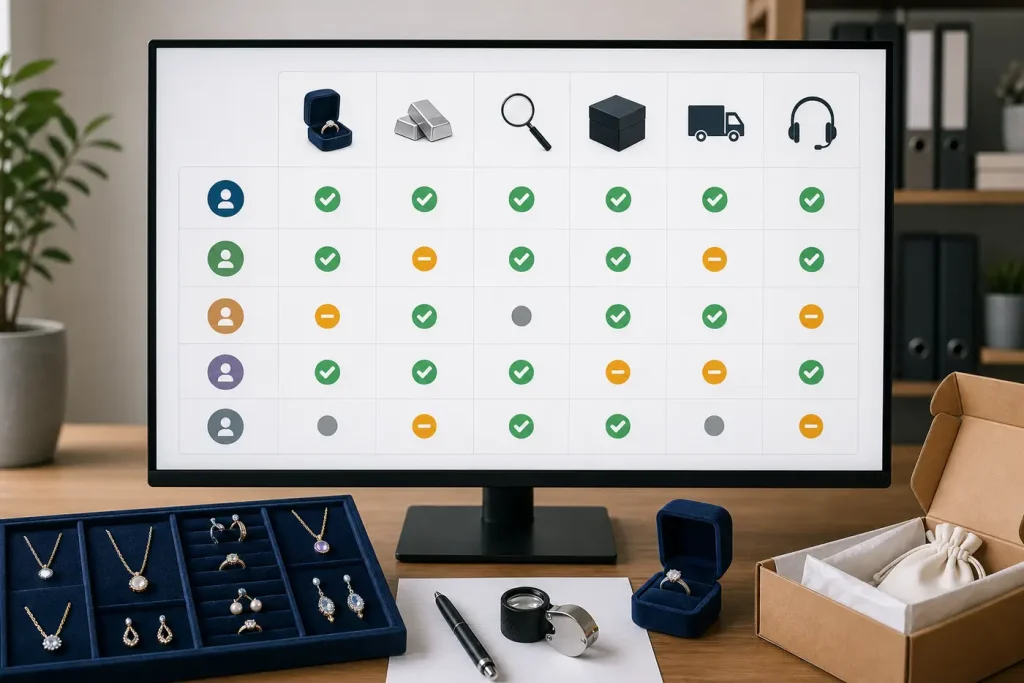 Business dashboard comparing jewelry suppliers across operational criteria
