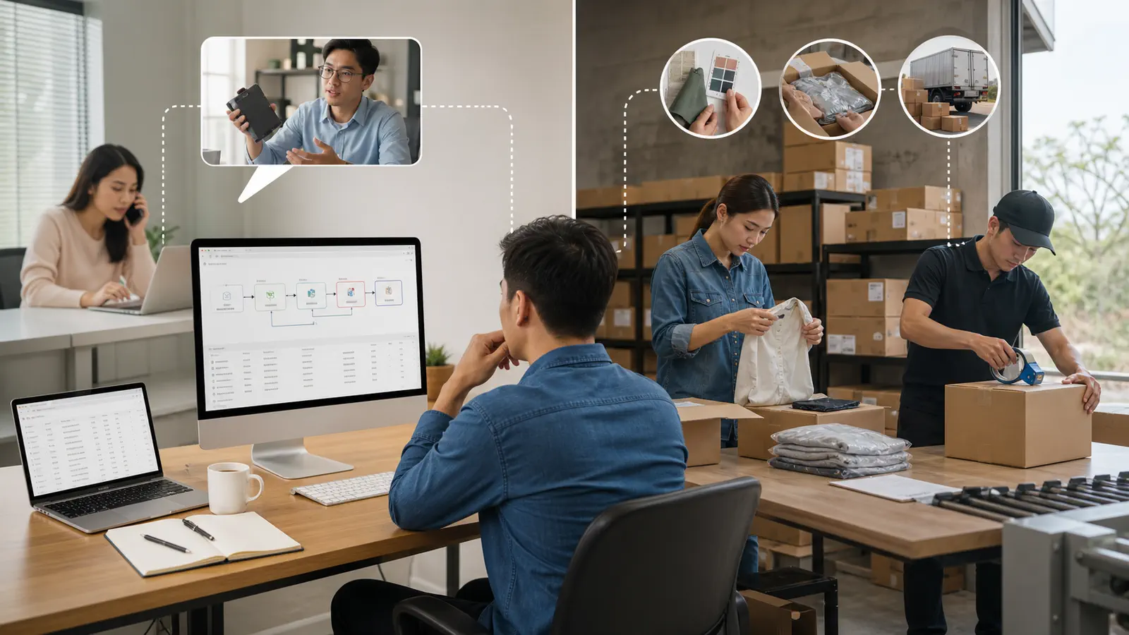 A conceptual split workflow connecting ecommerce automation with supplier communication, product checks, packing, and shipping coordination