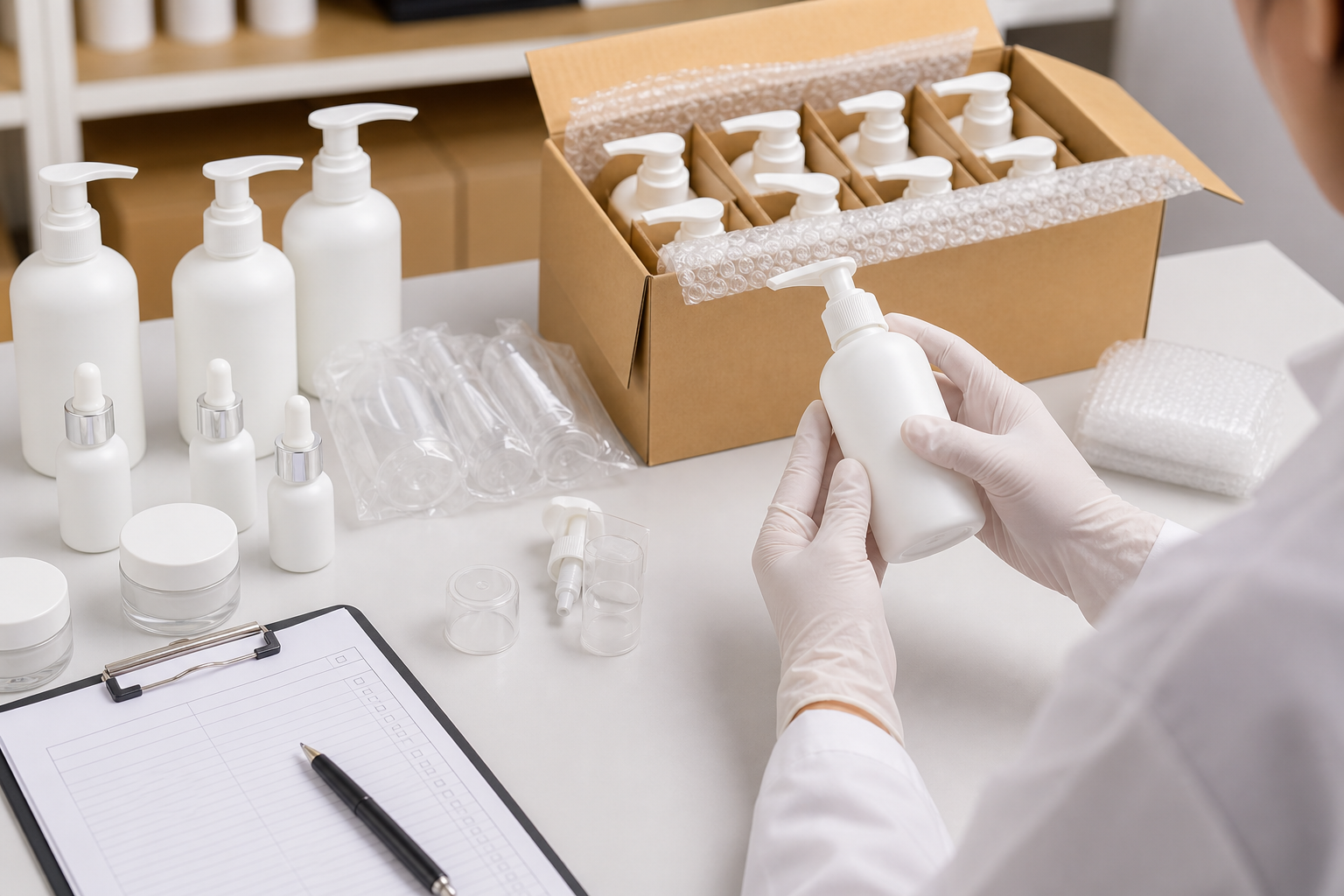 Skincare bottles undergoing seal leak label and protective packing checks before dispatch