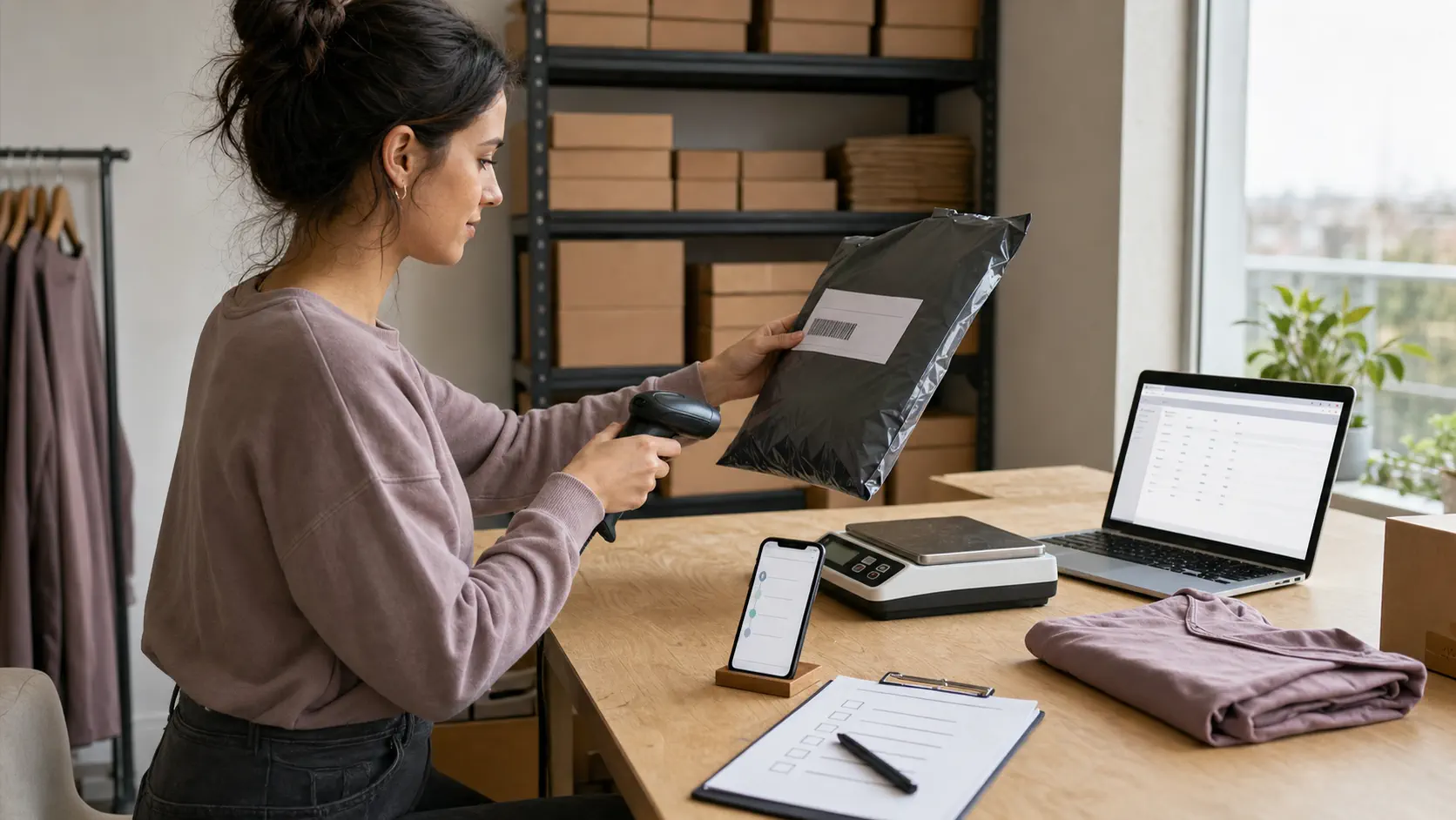 An ecommerce operator scans a sealed test-order parcel beside a scale, generic tracking screen, and checklist
