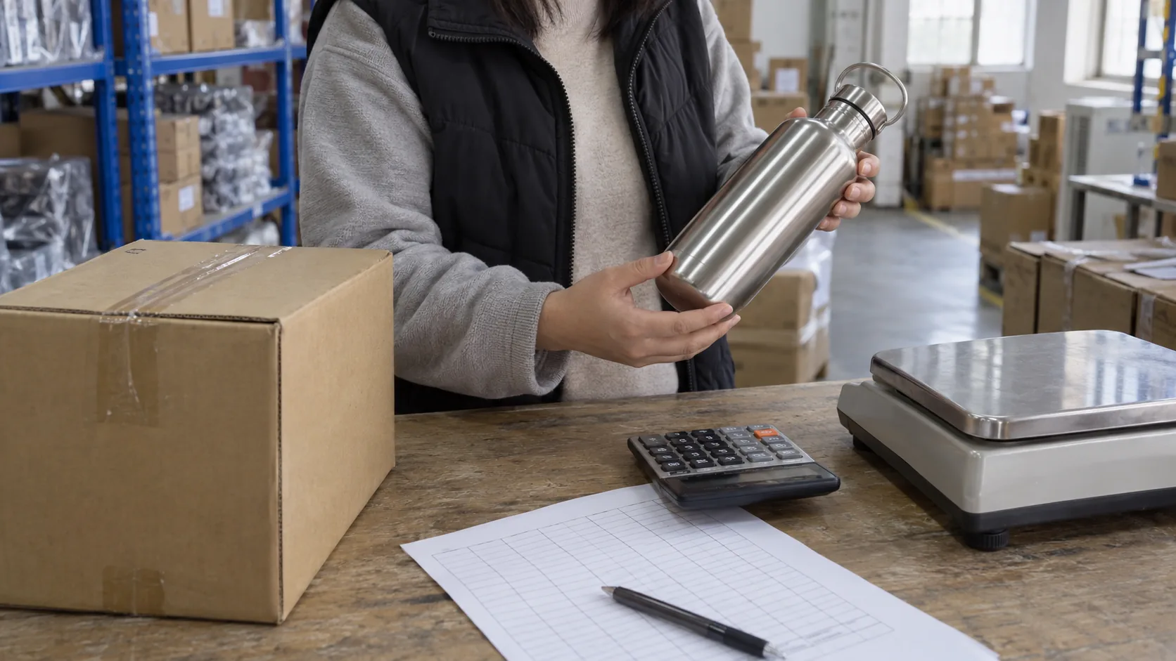 Seller inspecting an unbranded product sample beside order-cost notes
