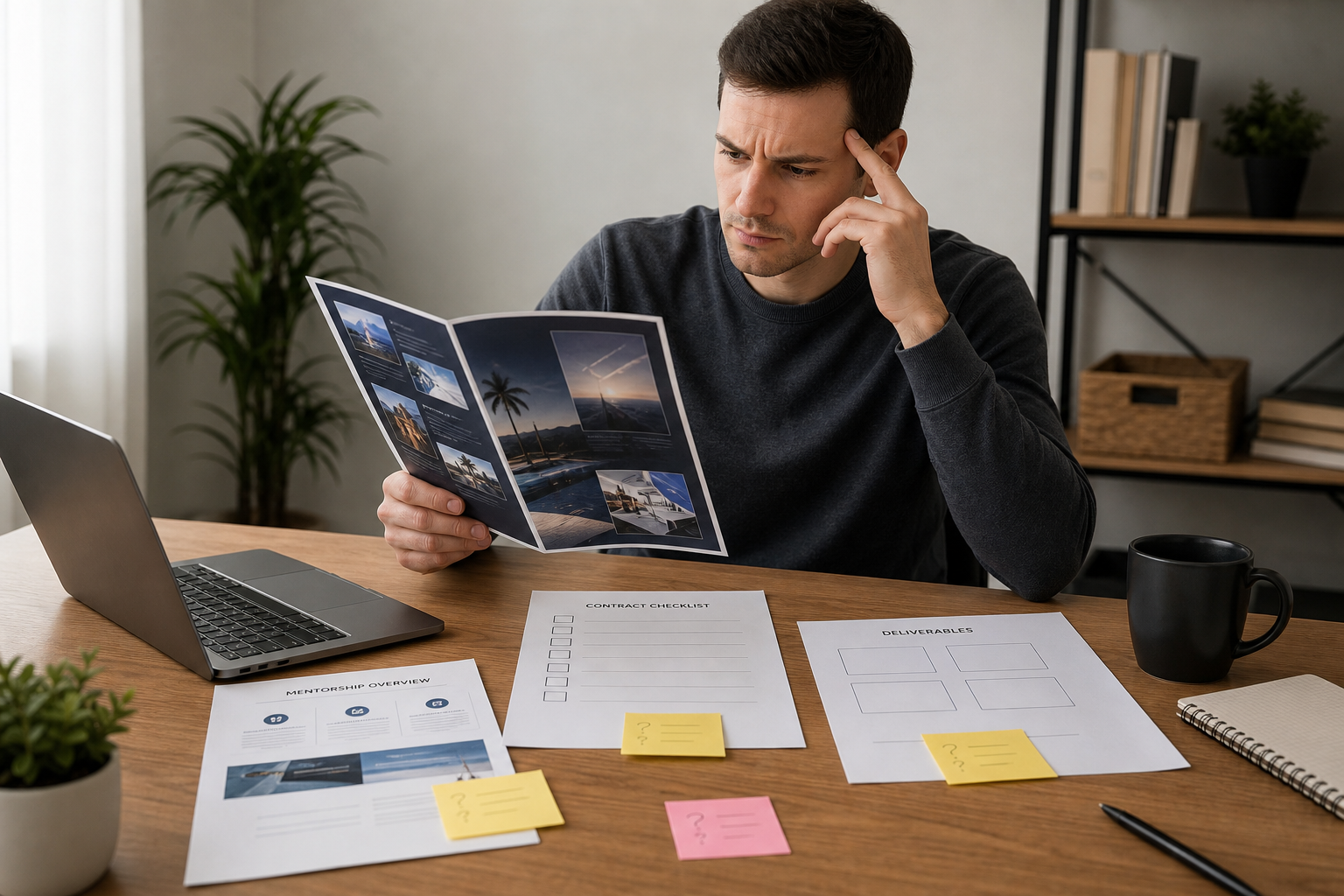 A prospective buyer examining glossy promises beside unclear deliverables