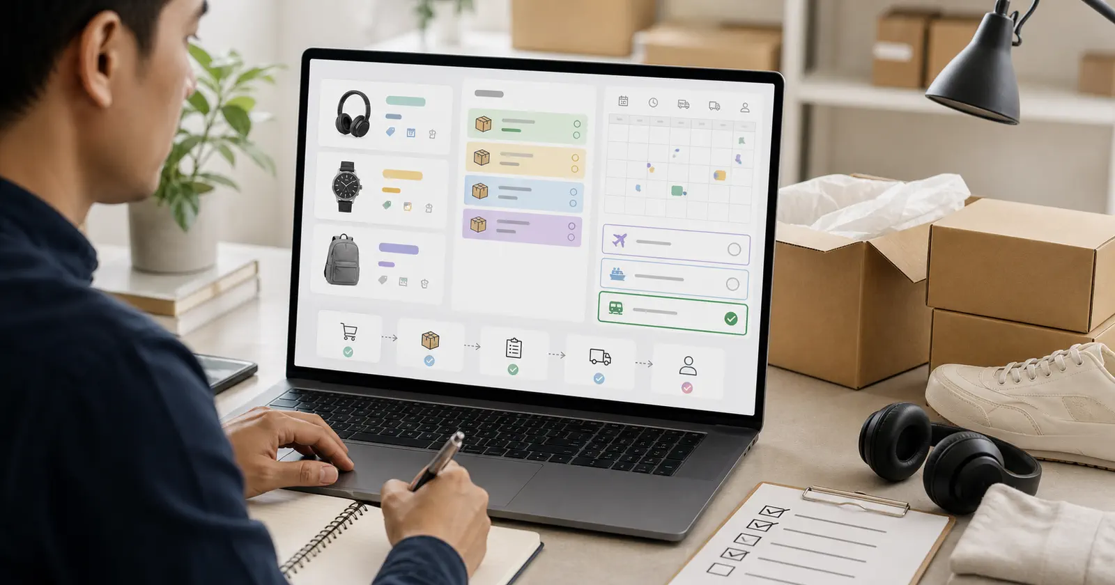 An ecommerce operator reviews product cards order queues and shipping promise checks
