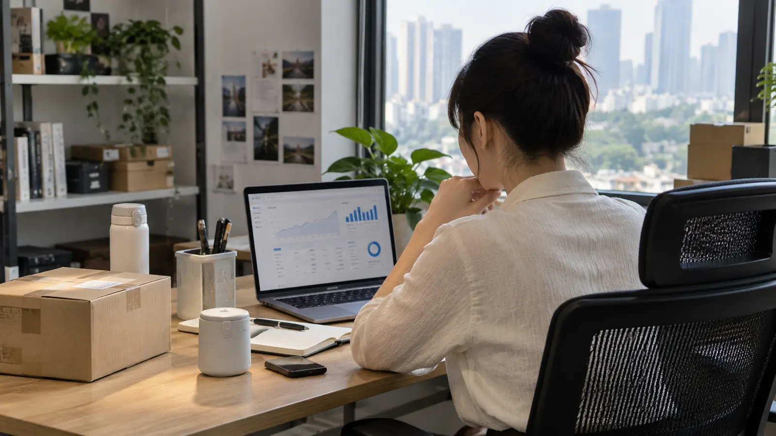 Ecommerce operator reviewing store analytics beside a product sample and packed order.