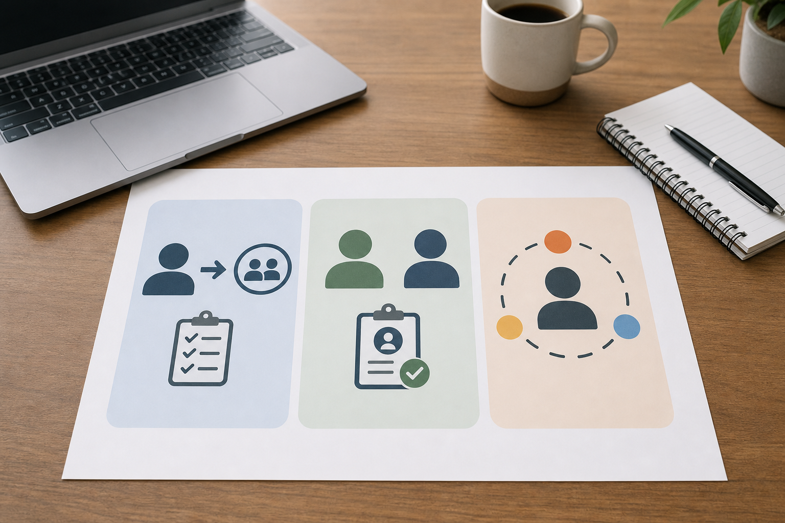 A three-part visual summary of delegation, paid testing, and responsibility boundaries