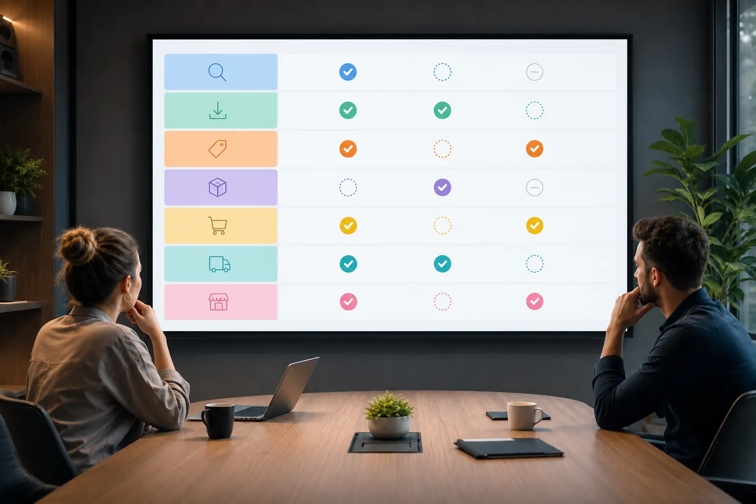 Two ecommerce operators reviewing an automation feature comparison dashboard