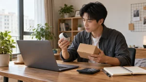 Seller holding a product sample and plain carton beside a laptop and calculator